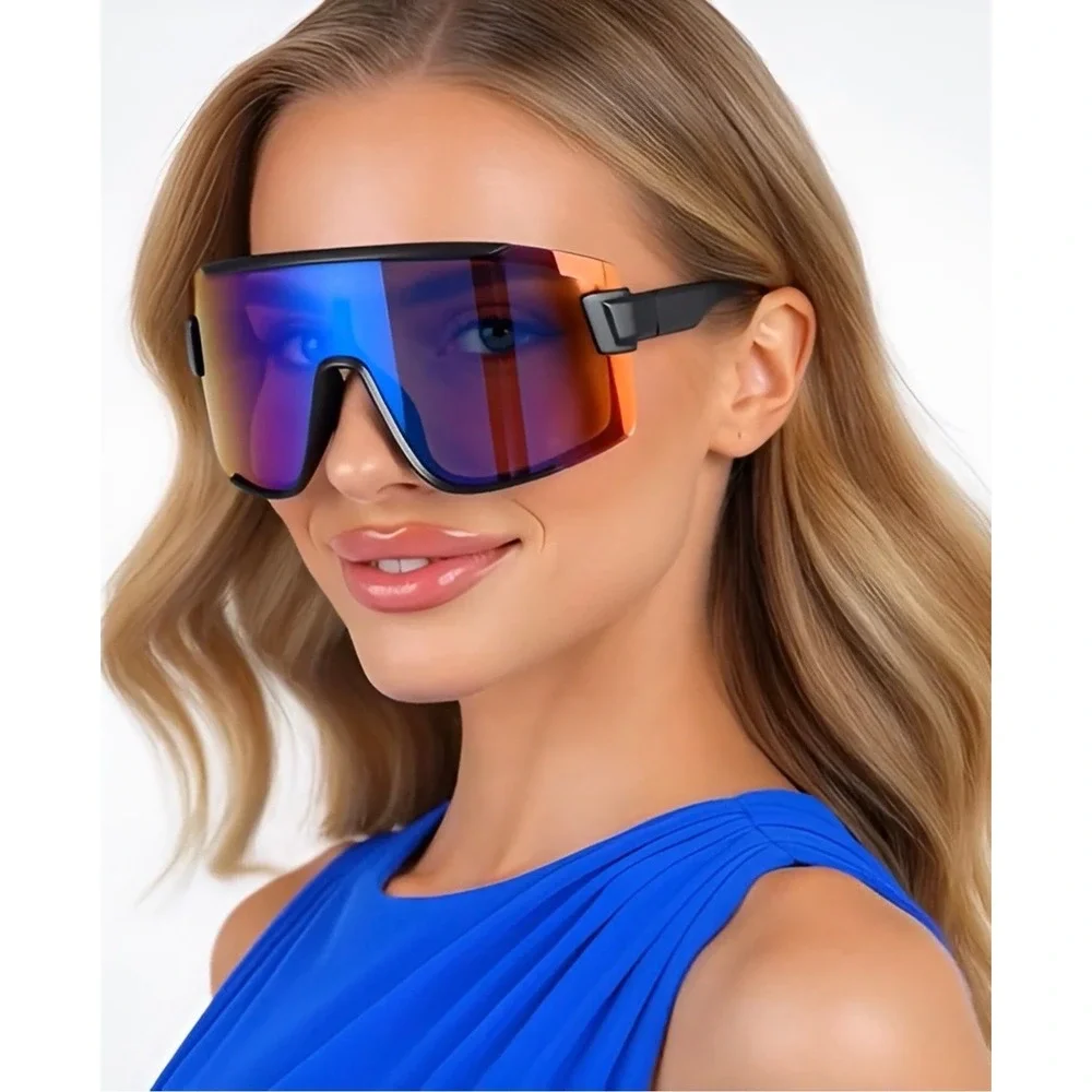 Oversized Shield Sunglasses Black Frame Iridescent Mirrored Lens‎ Women Lentes